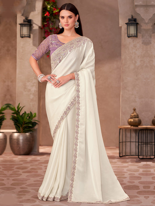 Pearl White Shining Georgette With Linen Wokr wedding Saree-41043