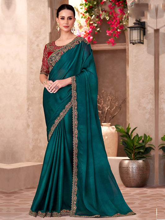 Sparkle shaded Chiffon With Sartin Work Wedding Saree in Blue color-41044