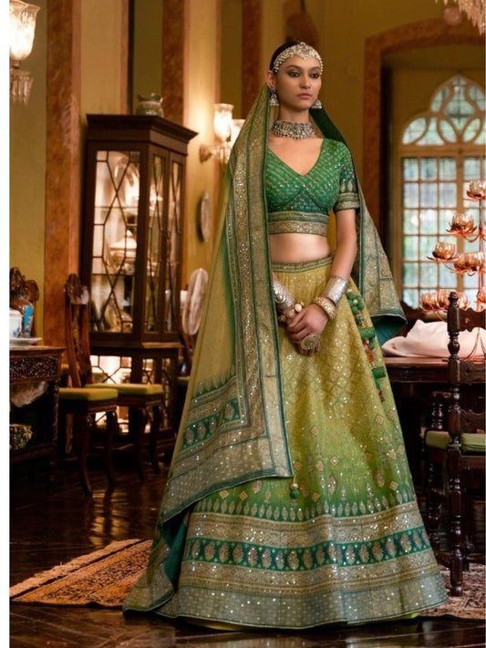 Mirror Work  Art Silk Bridal Lehenga in Olive Green