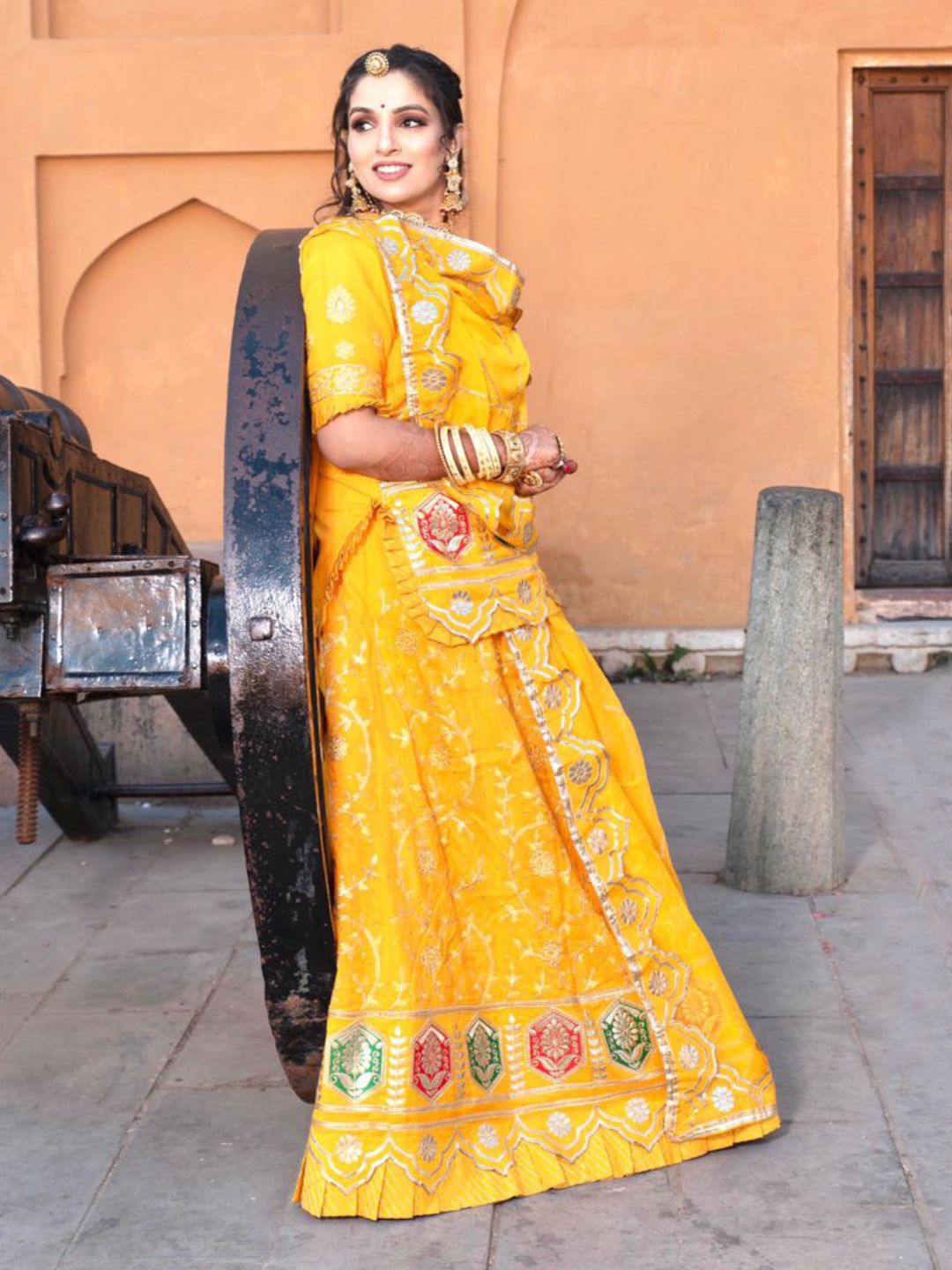 Platted Magzi Upada Silk Traditional Rajputi Poshak In Yellow