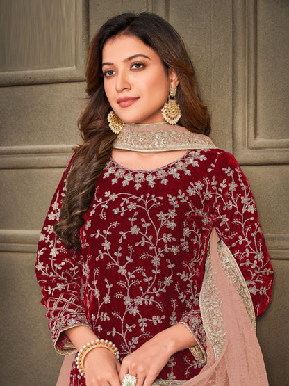 Embroidered Velvet Pakistani Suit in Maroon