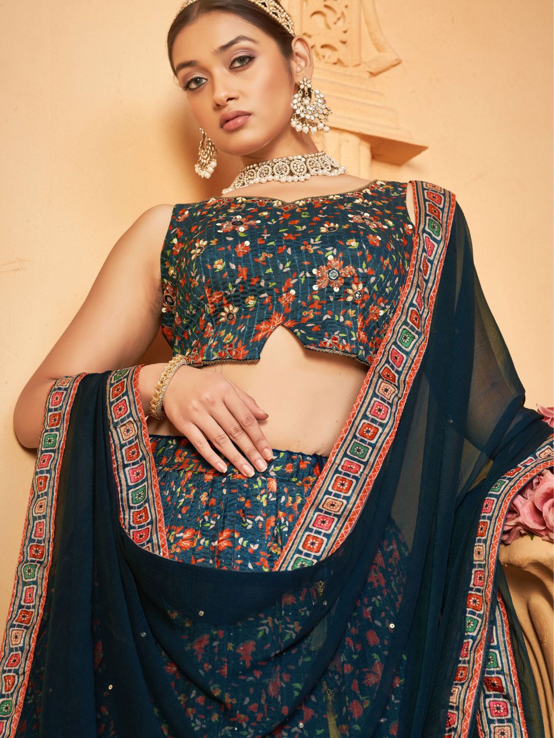 Digital Printed Chinnon Lehenga in Navy Blue