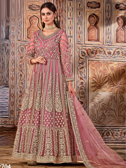 Embroidered Net Bollywood Floor Length Salwar Kameez in Pink