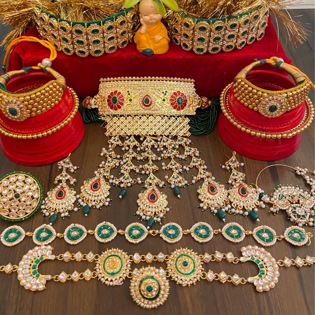 Gold Rajwadi Rajputi Combo Jewellery Set-30951