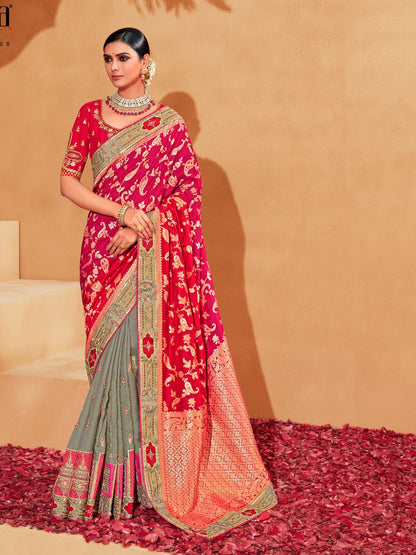 Embroidered Silk Designer Traditional Saree In Pink and Grey