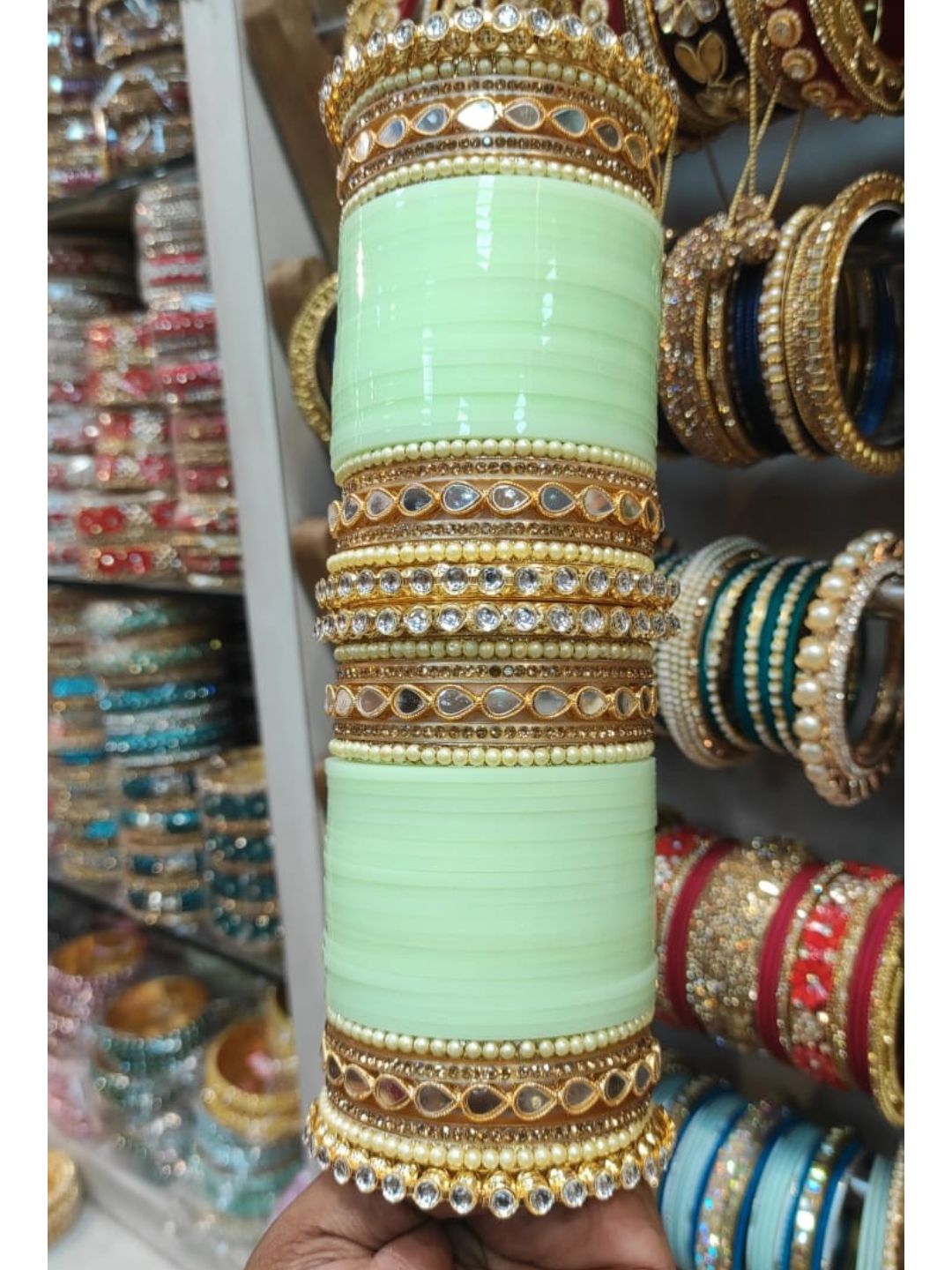 Green AD Stone-Studded Punjabi Chura Bridal Wedding Bangle Set-30920