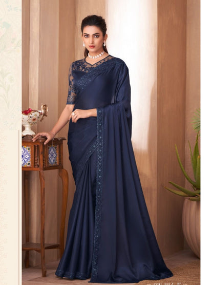 Embroidered Silk Fastive Saree In Blue