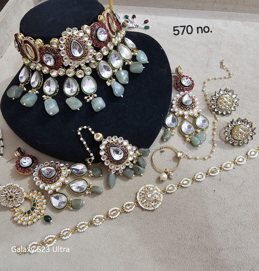 High Quality Kundan Pearl Studded Bridal Necklace Set-301087