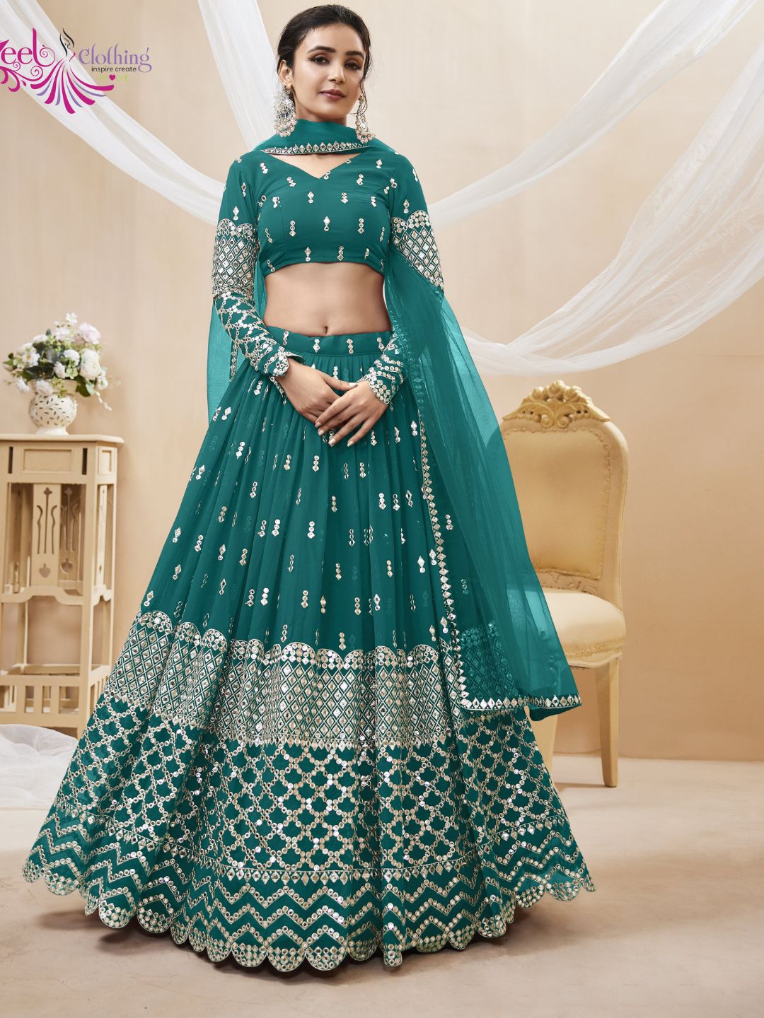 Embroidered Georgette Lehenga in Blue