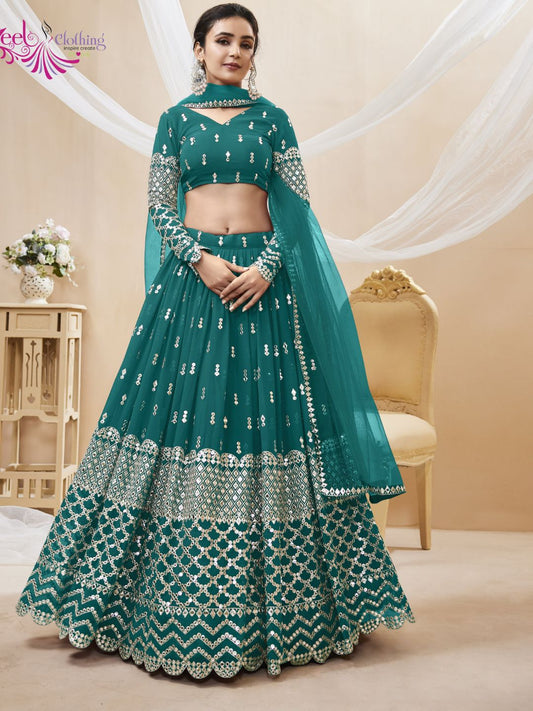 Embroidered Georgette Lehenga in Blue