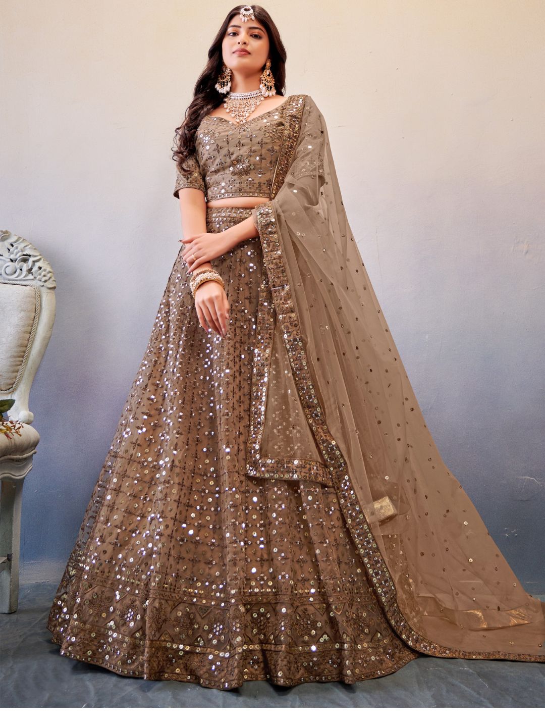 Sequance Net Bridal Lehenga in Brown-91005