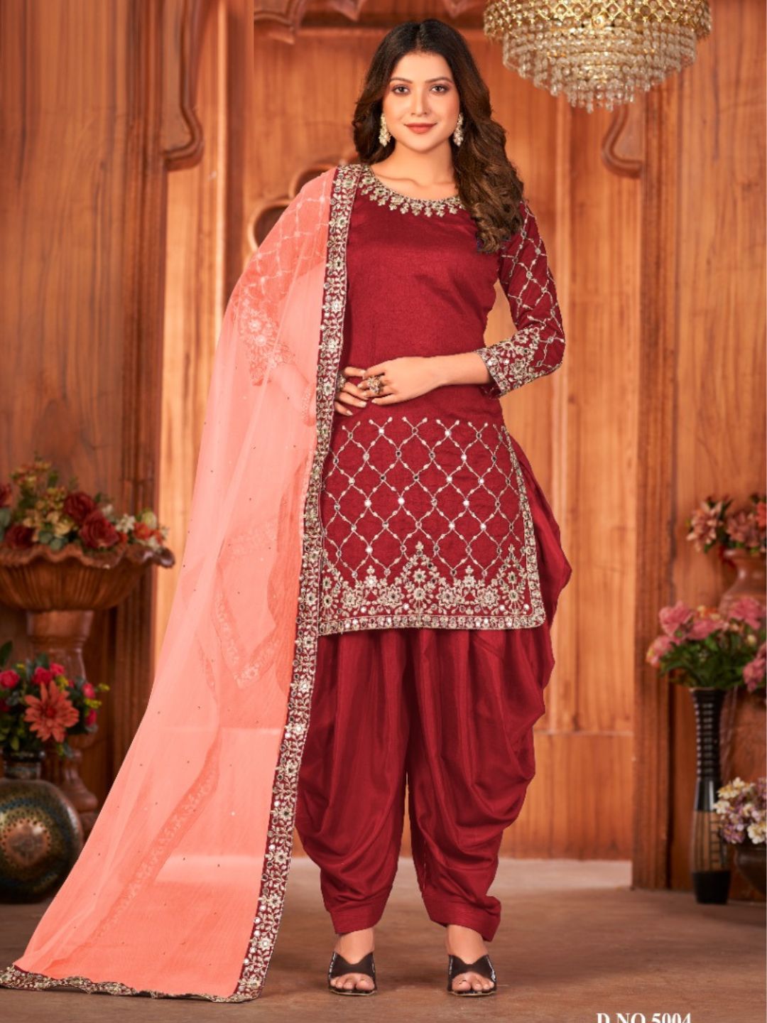 Mirror Art Silk Patiala Salwar Suit in Maroon