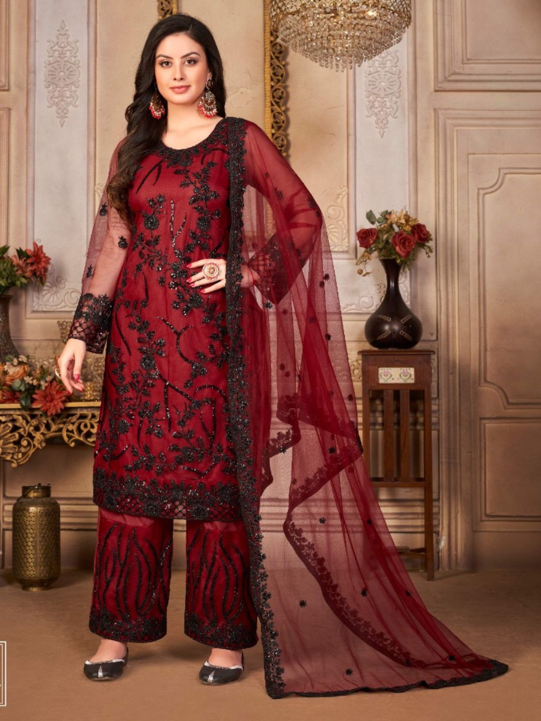 Thread Net Reception Salwar Kameez in Red