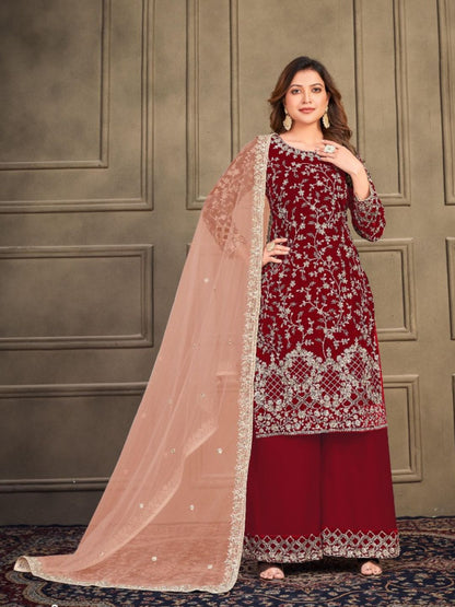 Embroidered Velvet Pakistani Suit in Maroon