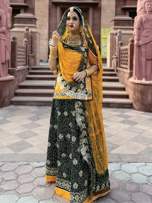 Green Yellow Humrahi Pure Haldi Sangeet Rajputi Poshak