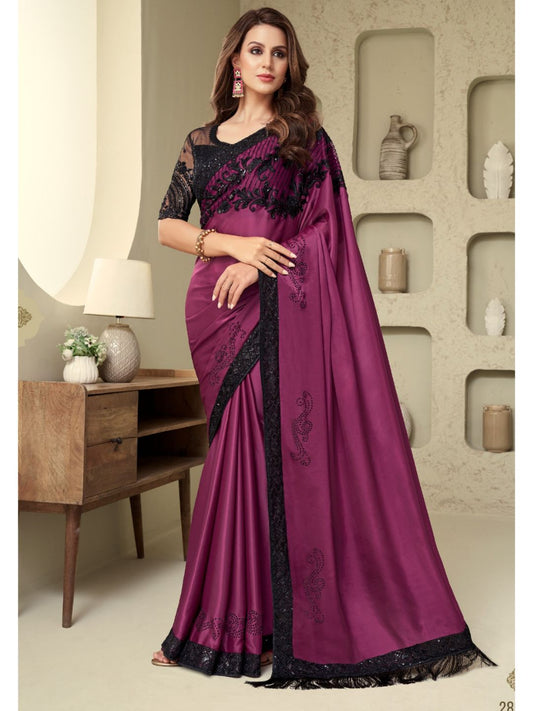 Embroidered Shimmer Silk Wedding Saree In Purple