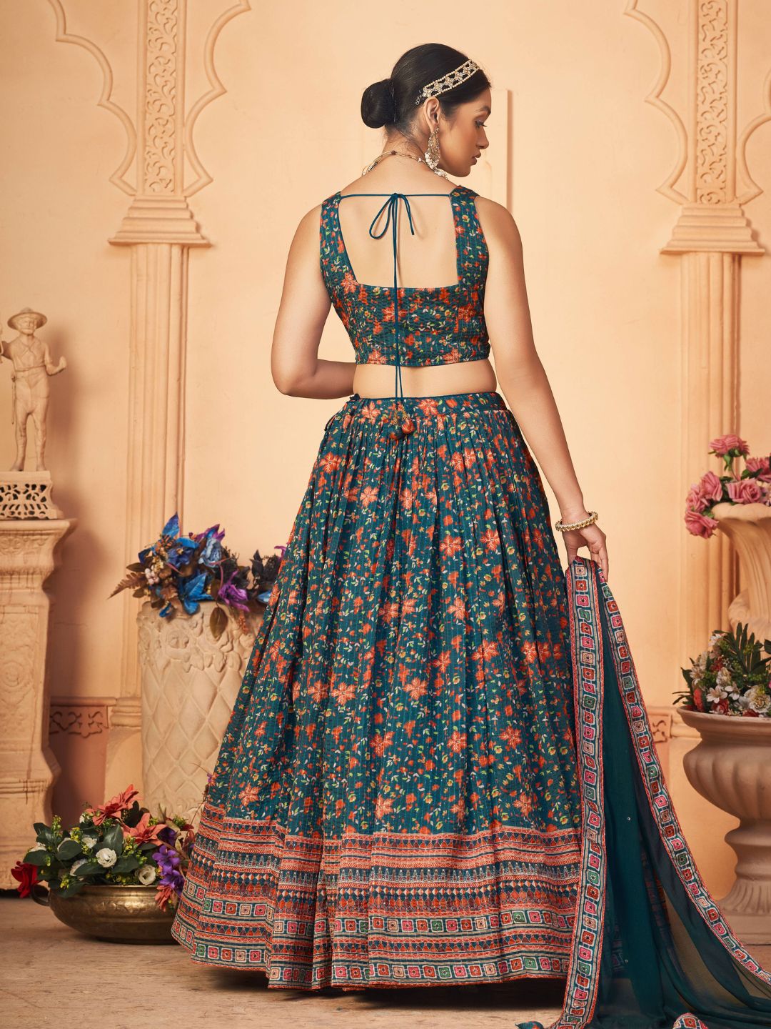 Digital Printed Chinnon Lehenga in Navy Blue