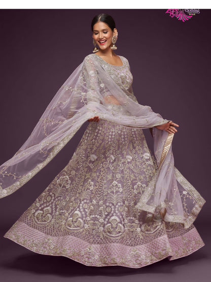 Net Wedding Lehenga in Purple with Zari work