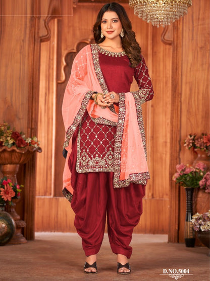 Mirror Art Silk Patiala Salwar Suit in Maroon