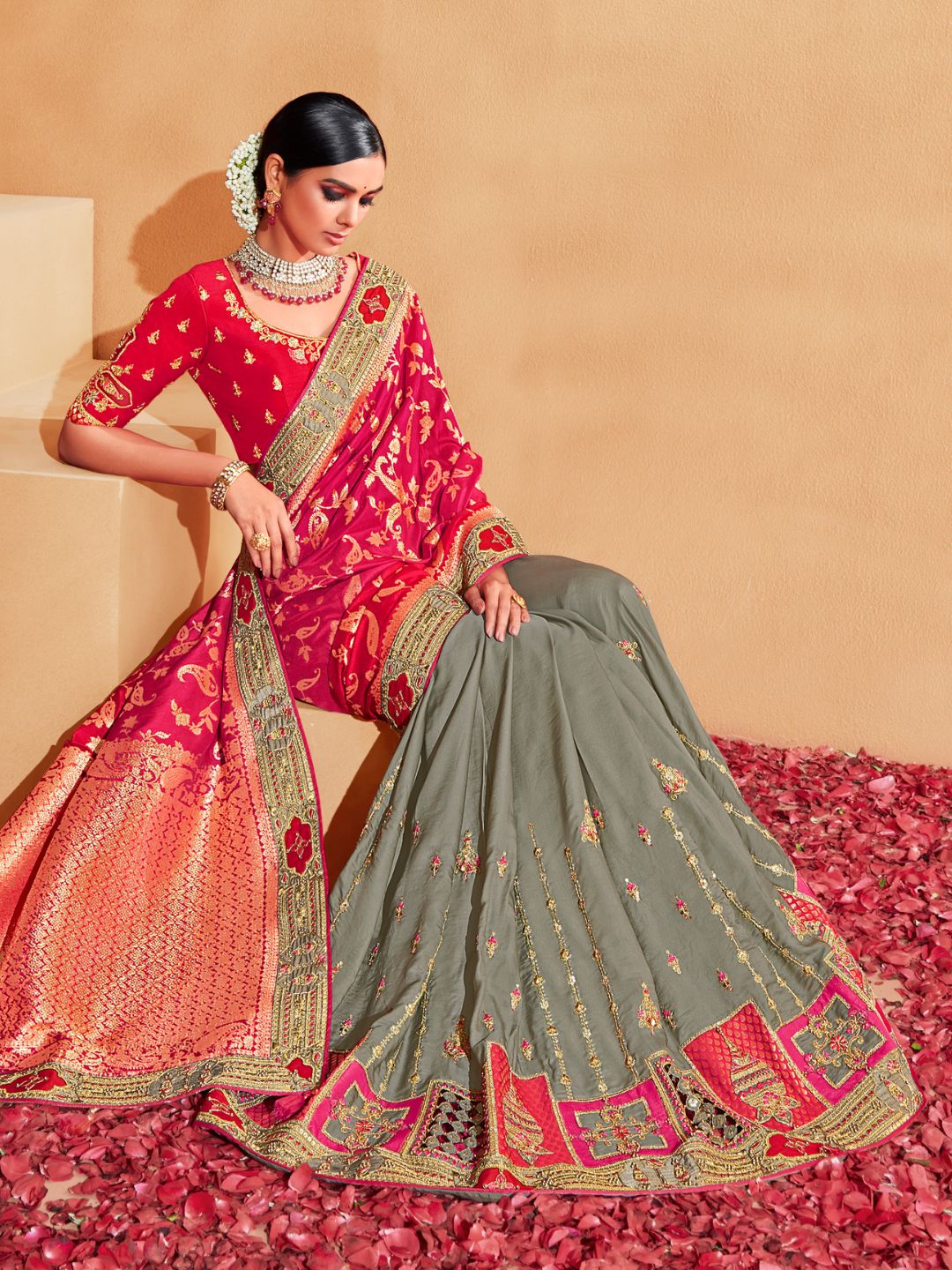 Embroidered Silk Designer Traditional Saree In Pink and Grey