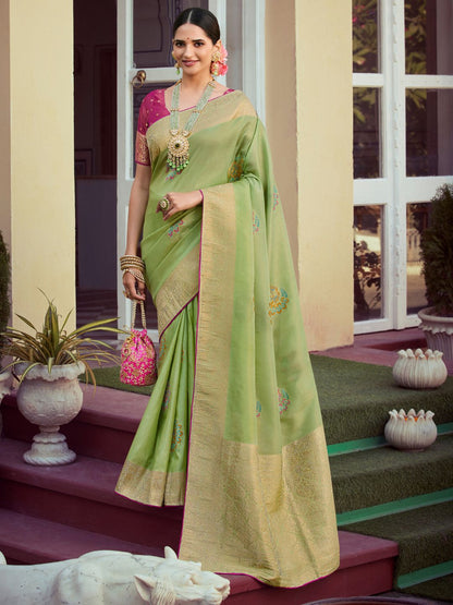 Embroidered Silk Traditional Saree In Light Green