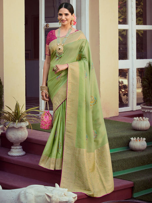 Embroidered Silk Traditional Saree In Light Green