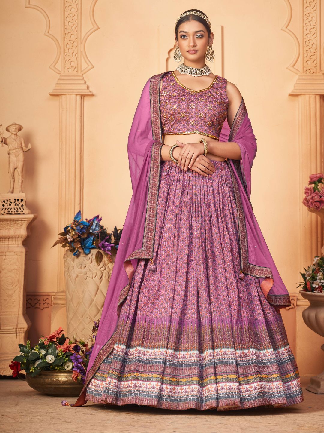 Digital Printed Chinnon Lehenga in Pink