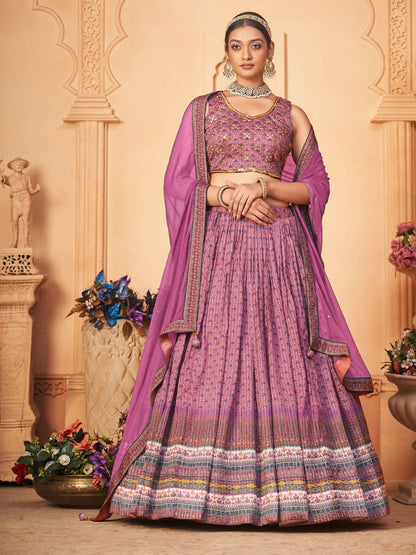 Digital Printed Chinnon Lehenga in Pink