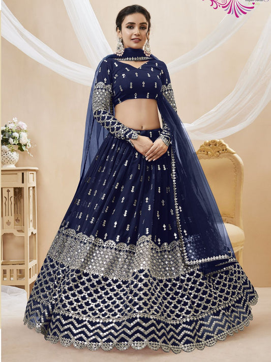 Embroidered Georgette Lehenga in Dark Blue