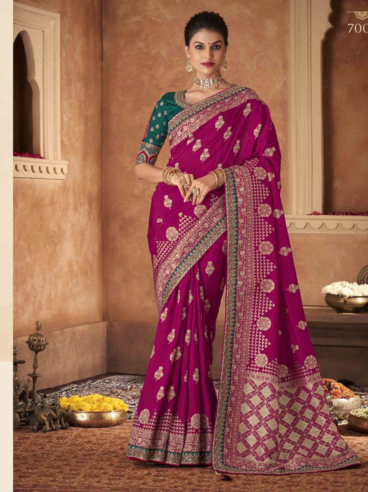 Embroidered Pure Dola Traditional Saree In Magenta