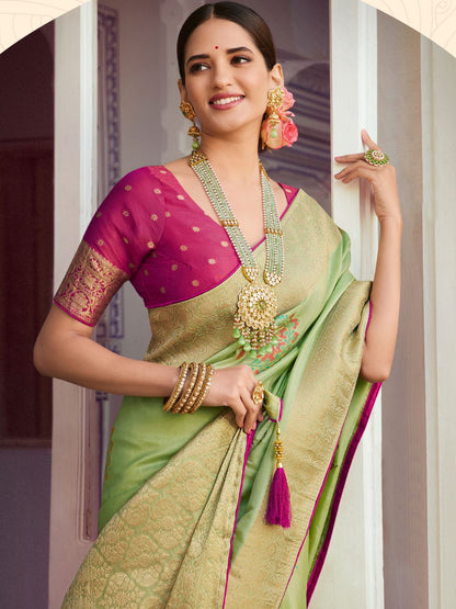 Embroidered Silk Traditional Saree In Light Green