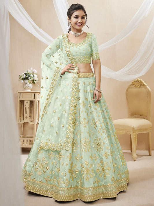 Georgette Bollywood Lehenga in Light Green with Sequins Zari Embroidery Work