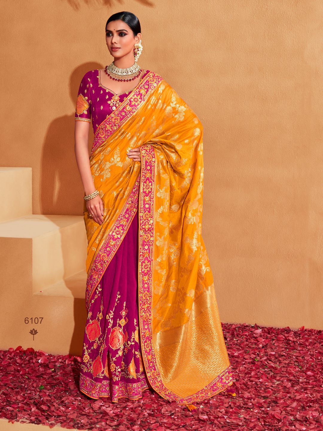 Embroidered Silk Designer Traditional Saree In Yellow and Purple