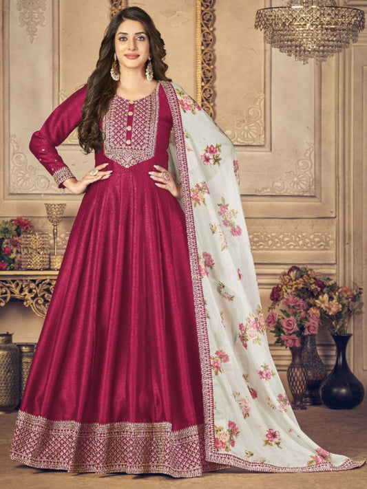 Embroidered Silk Mehendi Sangeet Gown in Maroon