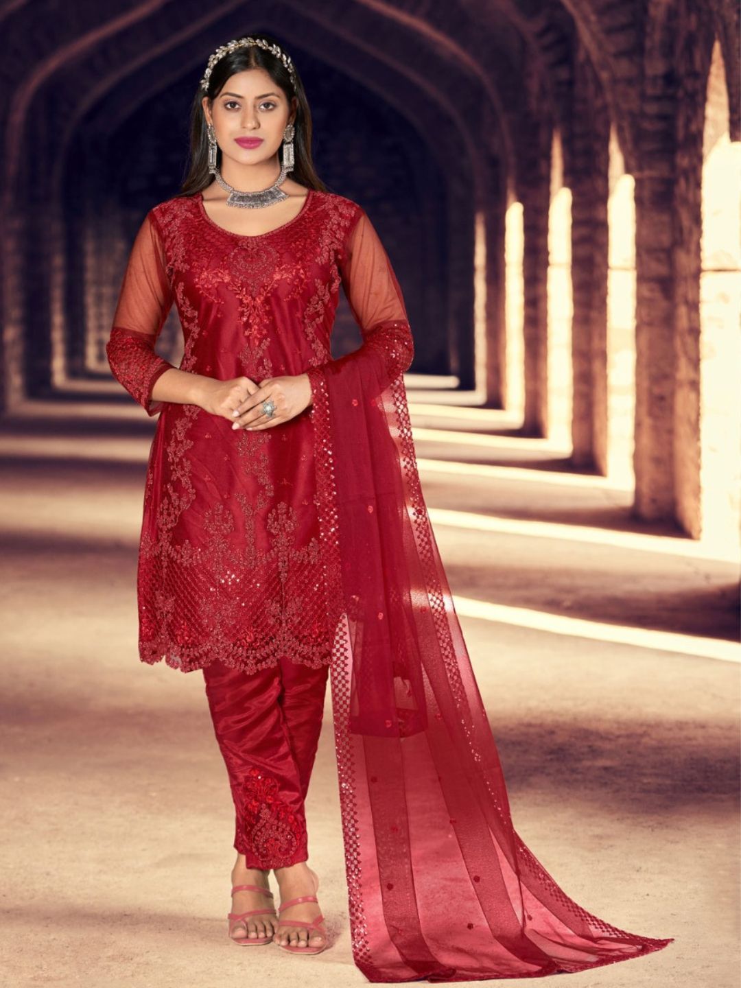 Embroidered Net Salwar Kameez in Red