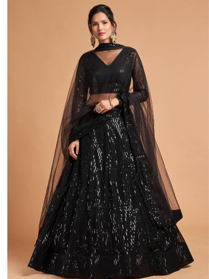 Sequence Net Fastive A Line Lehenga in Black-90943