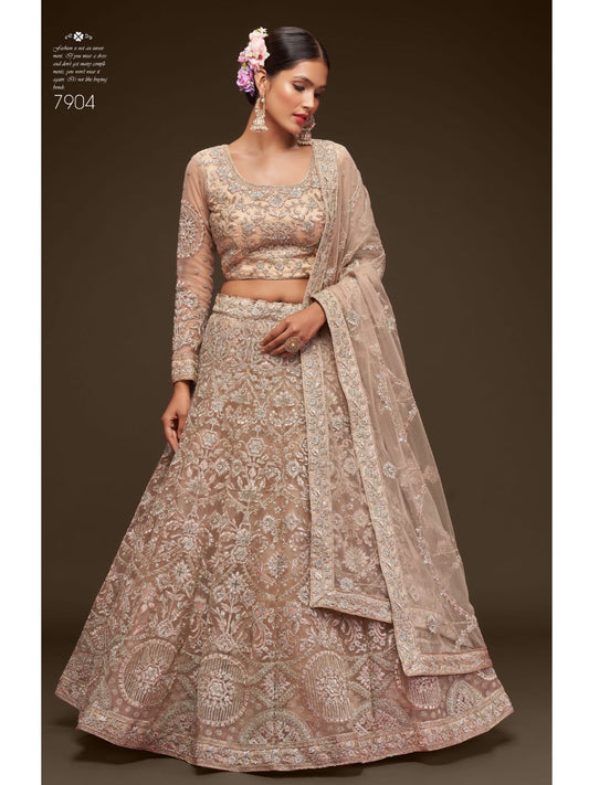 Net Wedding Lehenga in Beige and Brown with Zari work