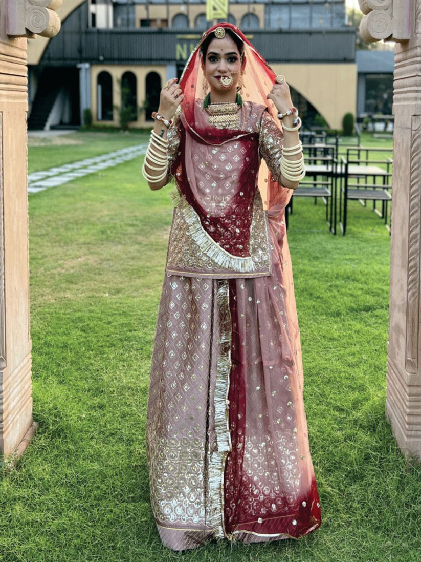 Double Saded Tara Codding Jall Satin Traditional Rajputi Poshak In Pea ...