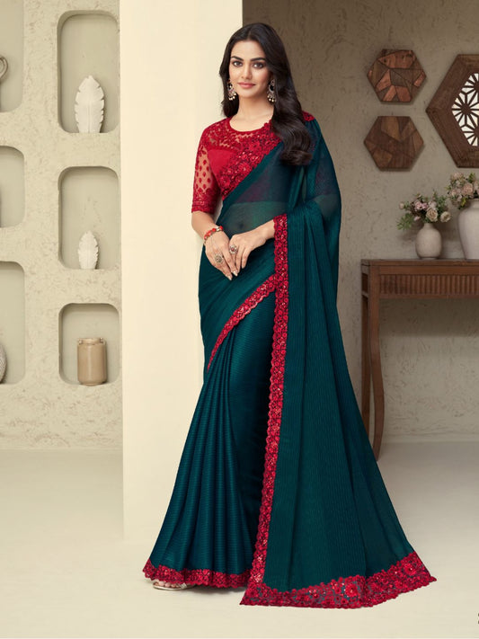 Embroidered Shimmer Silk Wedding Saree In Navy Blue