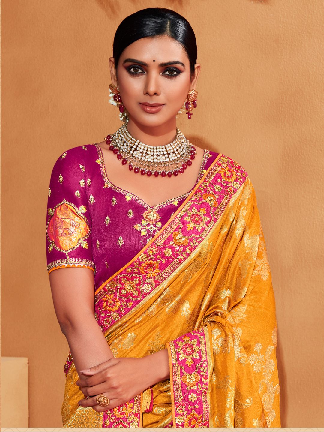 Embroidered Silk Designer Traditional Saree In Yellow and Purple