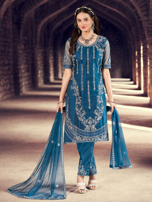 Embroidered Net Salwar Kameez in Blue