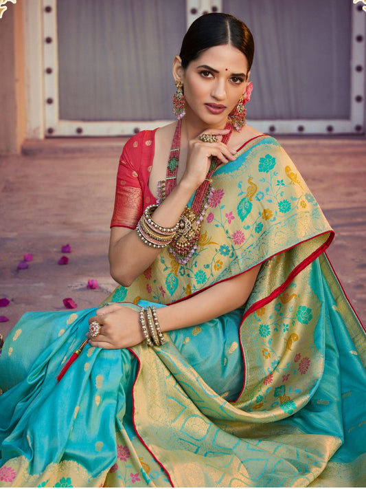 Embroidered Silk Traditional Saree In Turquoise