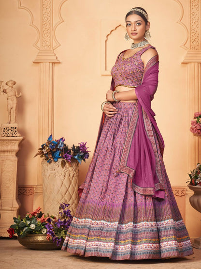 Digital Printed Chinnon Lehenga in Pink