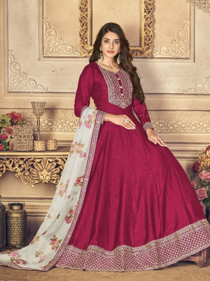 Embroidered Silk Mehendi Sangeet Gown in Maroon