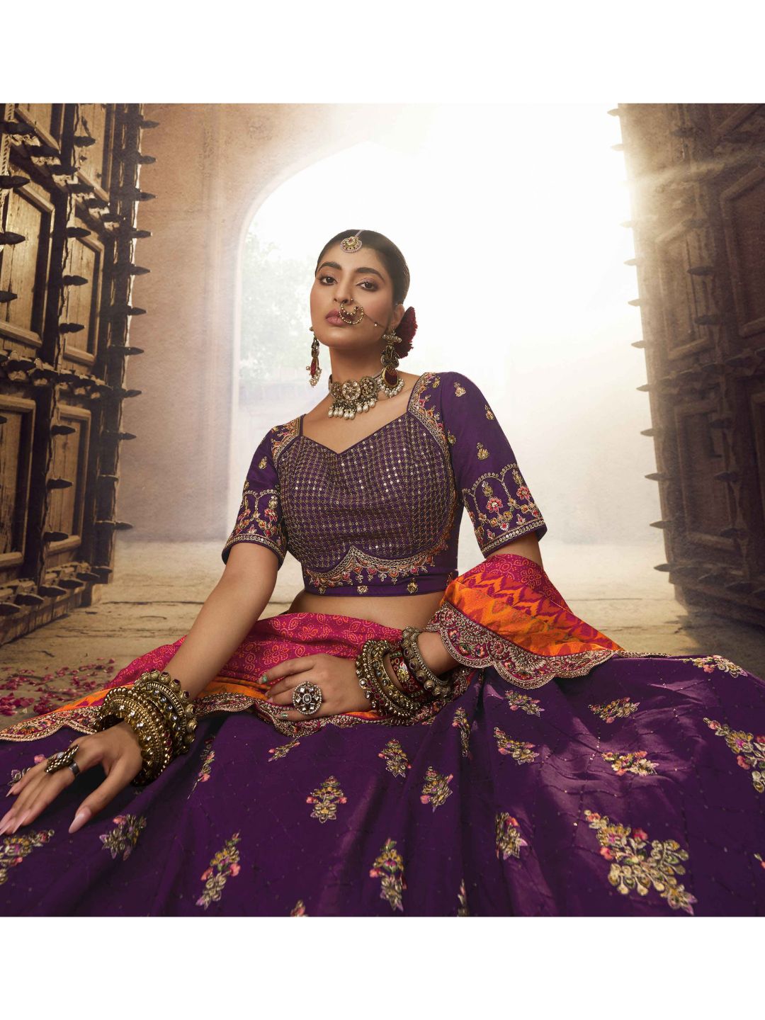 Mirror Organza A Line Lehenga in Purple