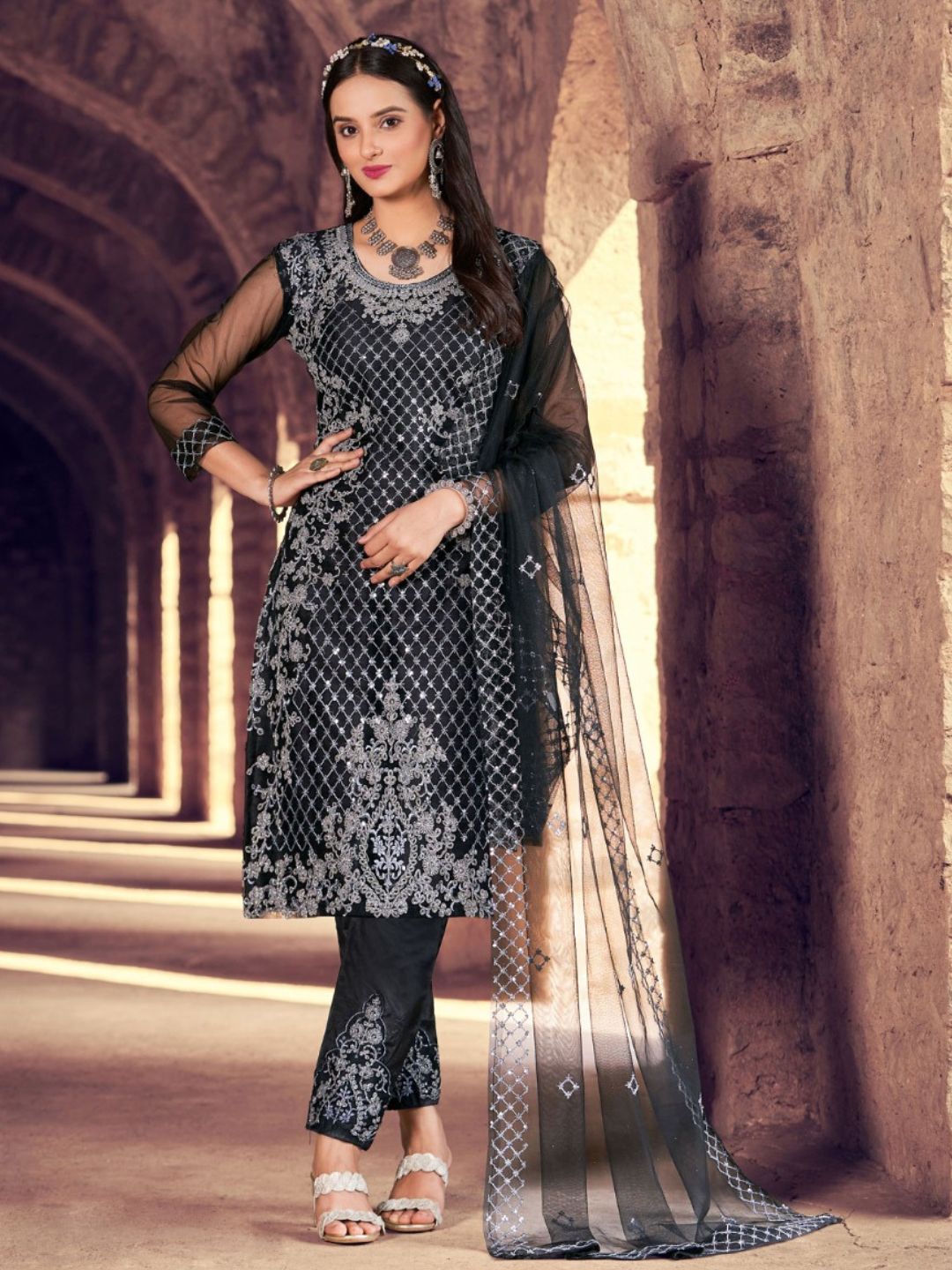 Embroidered Net Salwar Kameez in Black