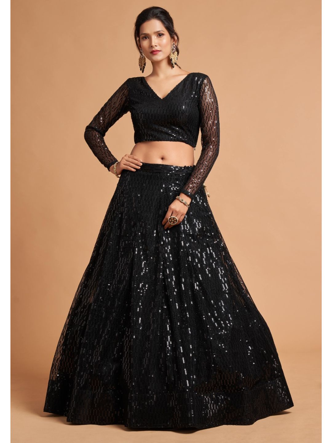 Sequence Net Fastive A Line Lehenga in Black-90943