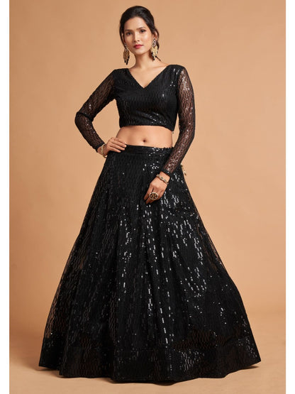 Sequence Net Fastive A Line Lehenga in Black-90943