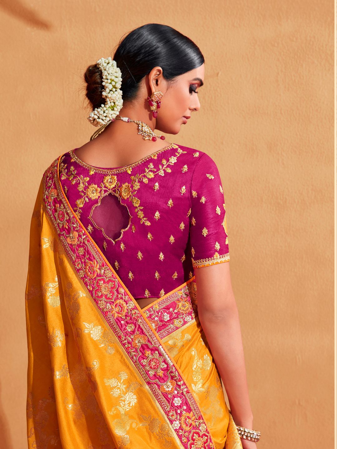 Embroidered Silk Designer Traditional Saree In Yellow and Purple