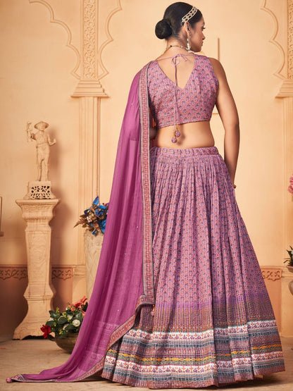 Digital Printed Chinnon Lehenga in Pink